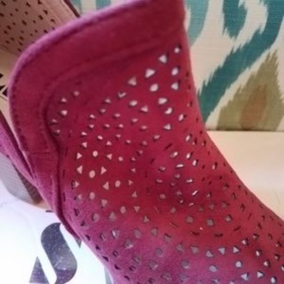 Burgundy Suede Perforated Block Heel Bootie - Picture 3 of 6
